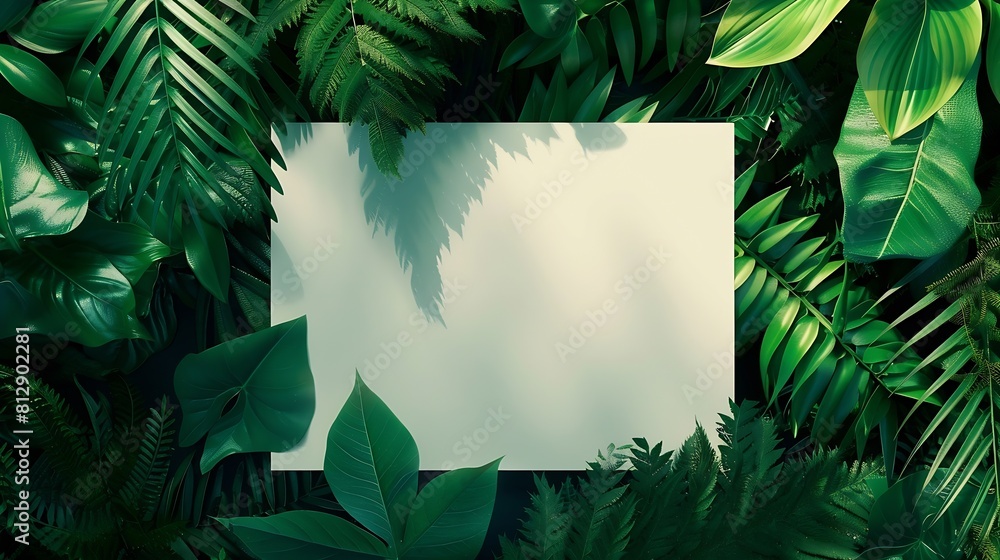 Creative layout made of green leaves with paper blank card Nature eco environment concept : Generative AI Creative layout made of green leaves with paper blank card Nature eco environment concept : Generative AI