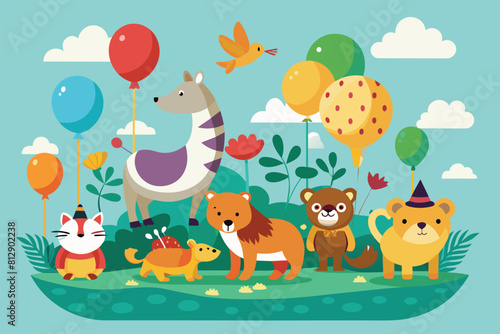 Group of various animals standing together in a grassy field  Animals floating with balloons Customizable Flat Illustration