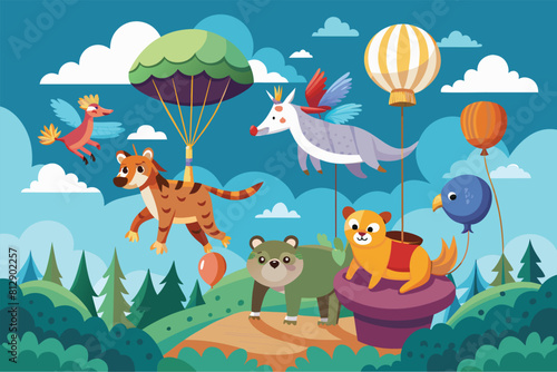 A group of animals floats above a dense  green forest supported by colorful balloons  Animals floating with balloons Customizable Semi Flat Illustration