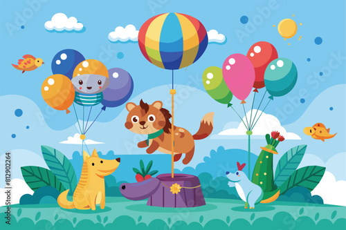 Several dogs are floating in the sky along with colorful balloons  Animals floating with balloons Customizable Semi Flat Illustration