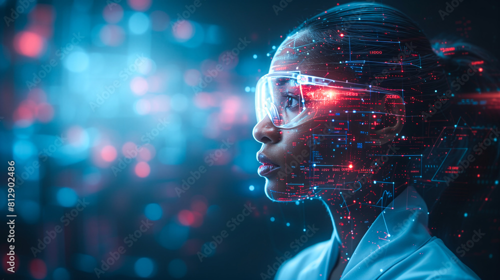 a female healthcare professional interacting with a holographic virtual screen a female healthcare professional interacting with a holographic virtual screen