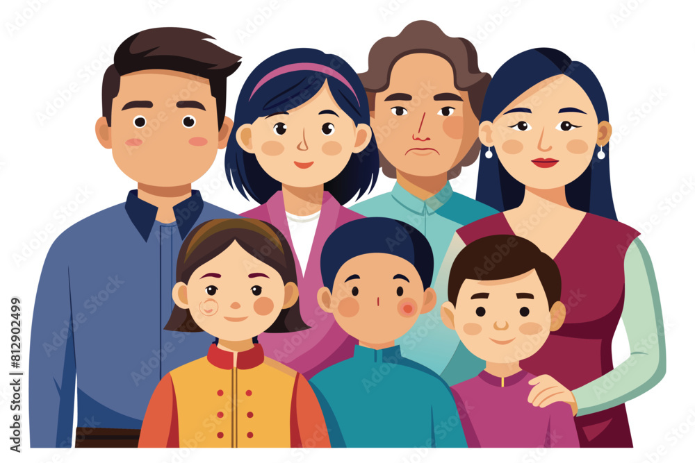 A diverse group of people of different ethnicities standing next to each other, Asian family Customizable Disproportionate Illustration A diverse group of people of different ethnicities standing next to each other, Asian family Customizable Disproportionate Illustration