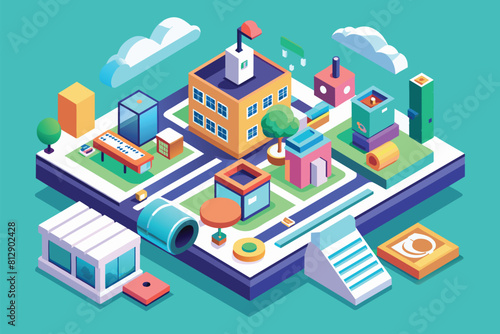 Isometric illustration of a cityscape with various buildings in a flat design style  Art Customizable Isometric Illustration