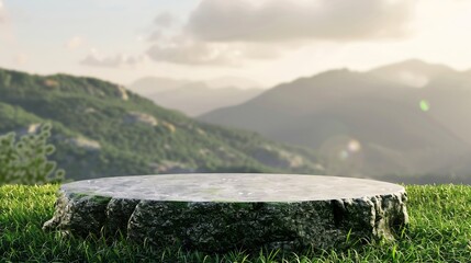 Stone granite podium rock table top on green grass with outdoor mountain scene nature landscape at sunrise backgroundNatural organic beauty or healthy product placement presentation pe : Generative AI