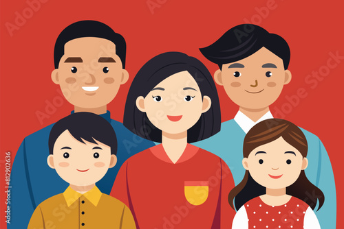 A family of four, Asian descent, standing united in front of a vibrant red background, Asian family Customizable Semi Flat Illustration