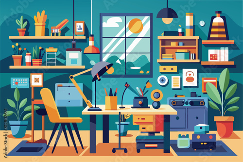 A room filled with various furniture pieces and a window providing natural light, Atelier Customizable Disproportionate Illustration