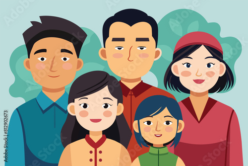 A diverse group of individuals of Asian descent stand next to each other in a semi-flat illustration, Asian family Customizable Semi Flat Illustration
