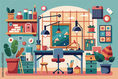 A room showcasing a desk, shelves, plants, and pictures on the wall in a contemporary atelier setting, Atelier Customizable Disproportionate Illustration