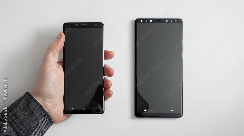 Black phone displayed in a mechanical grip, shown from direct and angled views on white. Black phone displayed in a mechanical grip, shown from direct and angled views on white.
