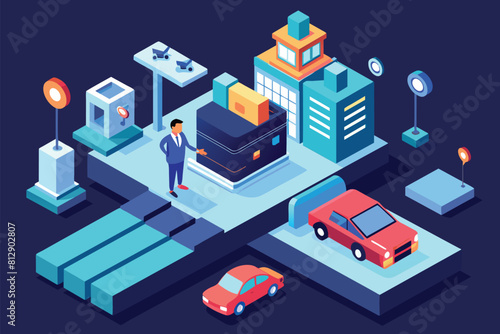 A man stands next to a luggage cart in a busy setting  Autonomy Customizable Isometric Illustration