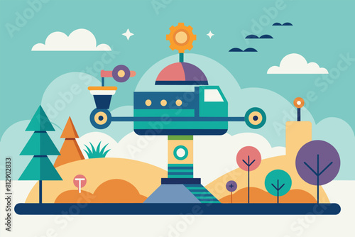 A robot stands in the middle of a vast field, showcasing advanced technology and artificial intelligence, Autonomy Customizable Semi Flat Illustration