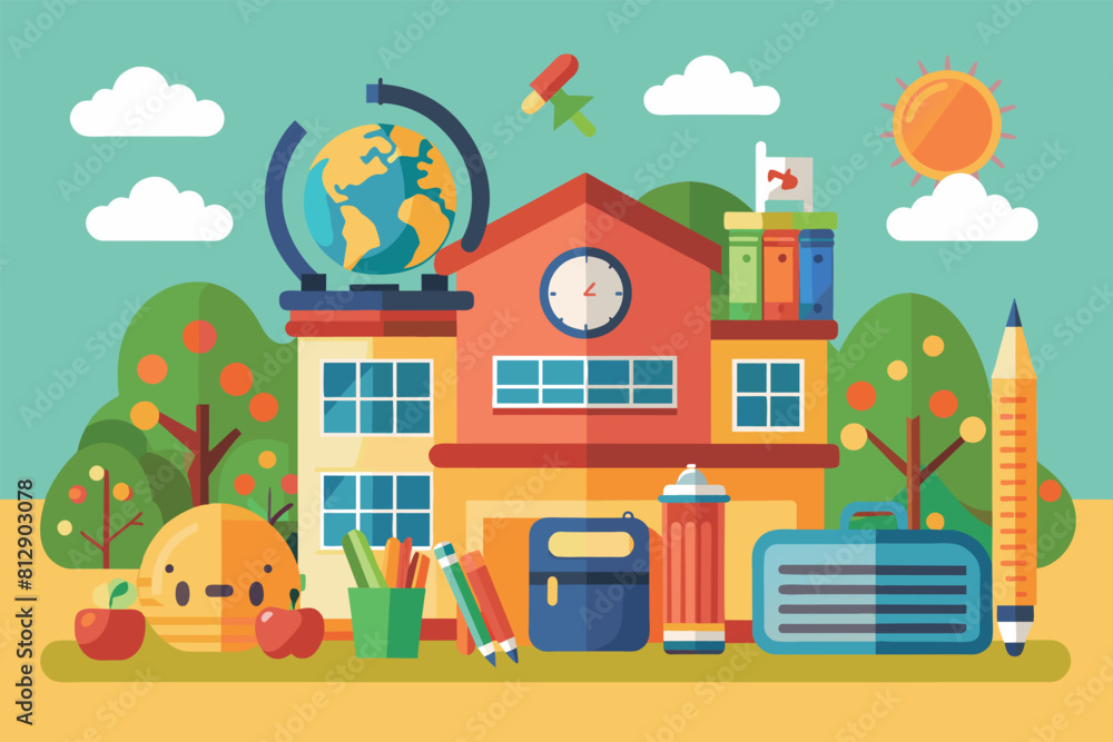 A house with a clock on top surrounded by various school supplies like notebooks, pencils, and rulers, Back to school Customizable Semi Flat Illustration A house with a clock on top surrounded by various school supplies like notebooks, pencils, and rulers, Back to school Customizable Semi Flat Illustration