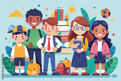 A varied group of individuals standing next to each other in a social setting, Back to school Customizable Disproportionate Illustration