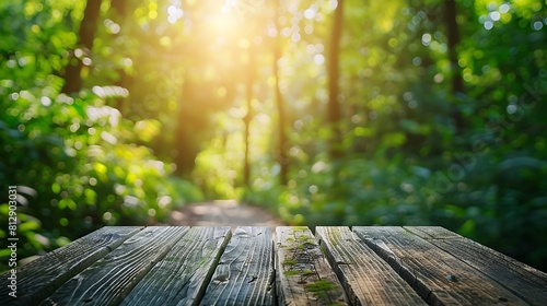 Wooden table top on blur green forestFresh and Relax or health care conceptperspective viewFor montage product display or design key visual layoutView of copy space : Generative AI photo