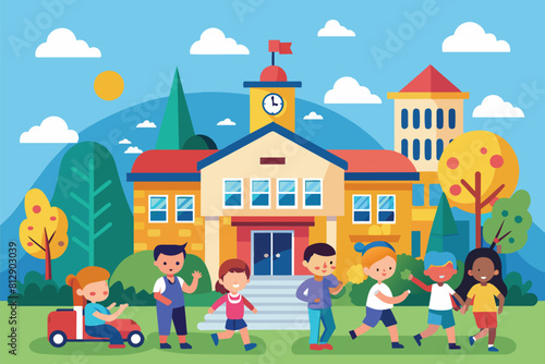 Group of children engaged in active play in schoolyard, Back to school Customizable Flat Illustration