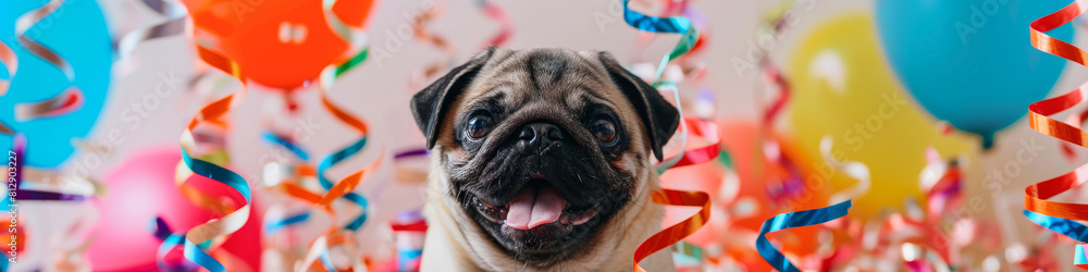 Joyful Pug Celebrating with Colorful Confetti and Balloons