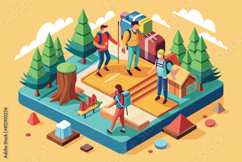 Backpackers standing on a map in a customizable isometric illustration  Backpackers Customizable Isometric Illustration