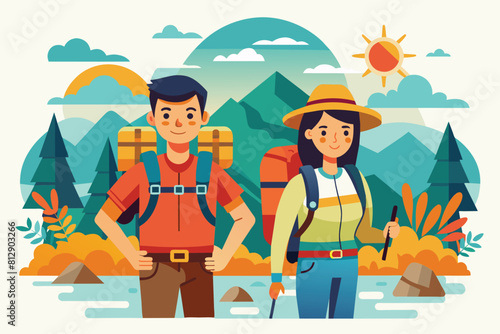 A man and a woman with backpacks hiking on a mountain trail  Backpackers Customizable Semi Flat Illustration