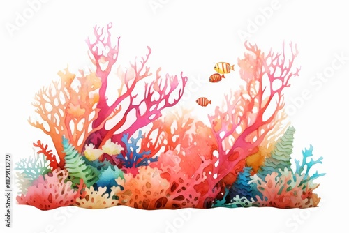 Fototapeta Naklejka Na Ścianę i Meble -  Minimal watercolor of a coral reef showcasing the vibrant biodiversity beneath the sea, depicted in minimal styles, clipart watercolor on white background