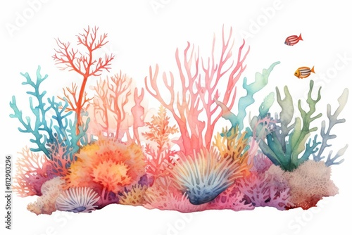 Fototapeta Naklejka Na Ścianę i Meble -  Minimal watercolor of a coral reef showcasing the vibrant biodiversity beneath the sea, depicted in minimal styles, clipart watercolor on white background