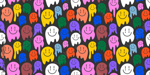 Funny melting happy face colorful seamless pattern.Funky Positive Background. Y2K aesthetic.smiley melting faces vector wallpaper. Vector illustration EPS 10