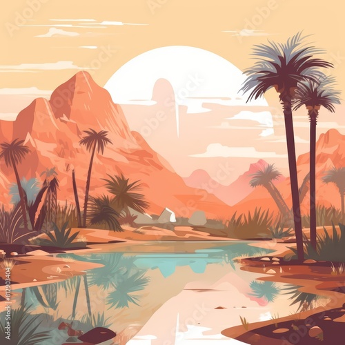 Mystery landscape of a hidden oasis in a desert  featuring palm trees and a shimmering pond  depicted in classic styles color for a kawaii template with copy space