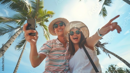 Asian couple selfie by camera on coconut palm tree in Kho Mak island Kood Trat Thailand this image can use for summer beach travel and valentine concept : Generative AI photo