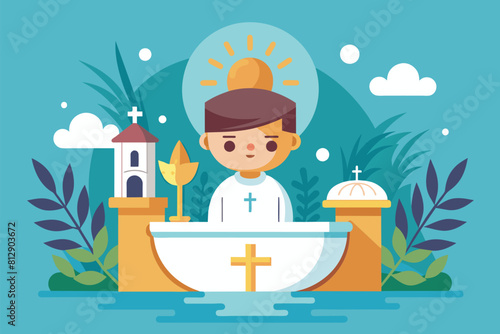 A boy is seated in a boat that features a cross, symbolizing a religious or spiritual connection, Baptism Customizable Semi Flat Illustration