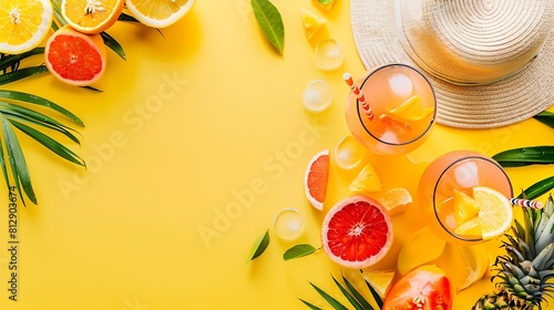 Relax and unwind with refreshing summer cocktails This top vertical view flat lay highlights a bag sunhat pineapple cocktails and citrus fruit on a bright yellow background with a blan : Generative AI