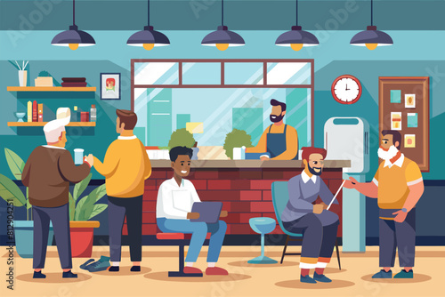 Diverse group of customers gathered at a bar, chatting and enjoying drinks in a lively atmosphere, Barbershop waiting clients Customizable Semi Flat Illustration
