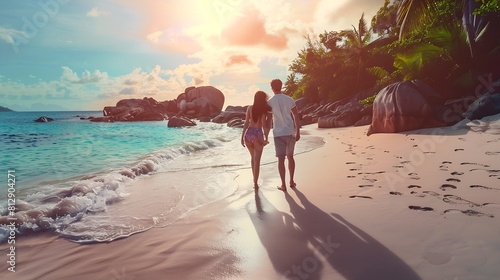 Anse Lazio Praslin Seychelles a young couple of men and women on a tropical beach during a luxury vacation in Seychelles Tropical beach Anse Lazio Praslin Seychelles : Generative AI photo