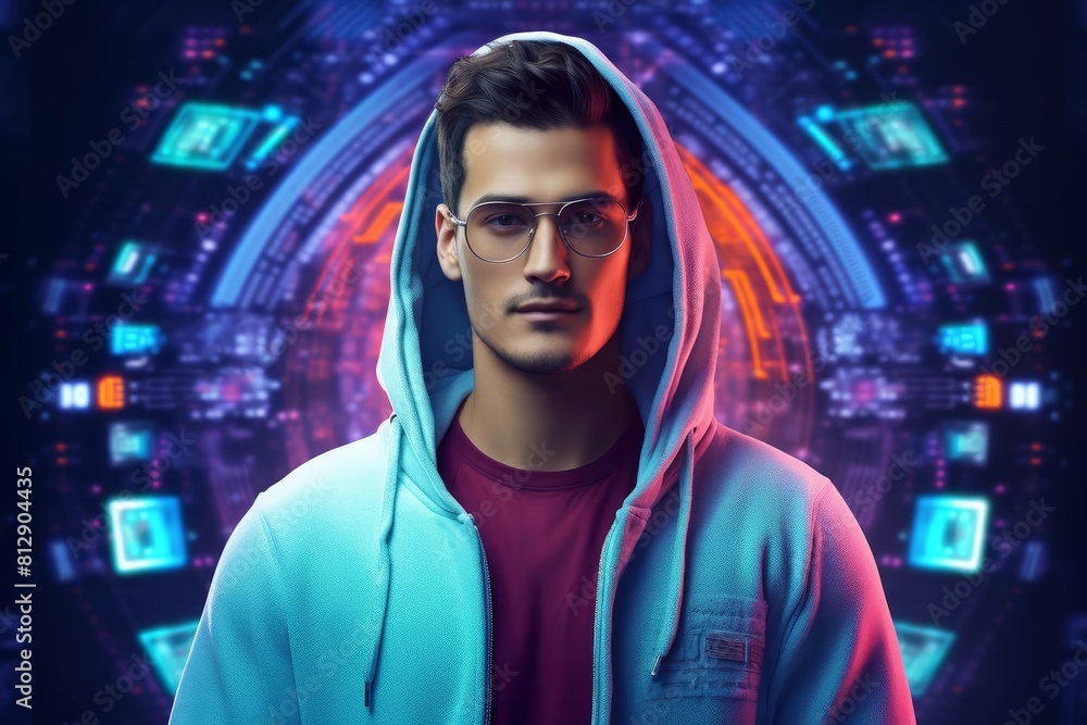 Portrait of a software engineer with Glow HUD big icon of code brackets, debugging a program on a futuristic interface, on bright solid background, in cyber color Portrait of a software engineer with Glow HUD big icon of code brackets, debugging a program on a futuristic interface, on bright solid background, in cyber color
