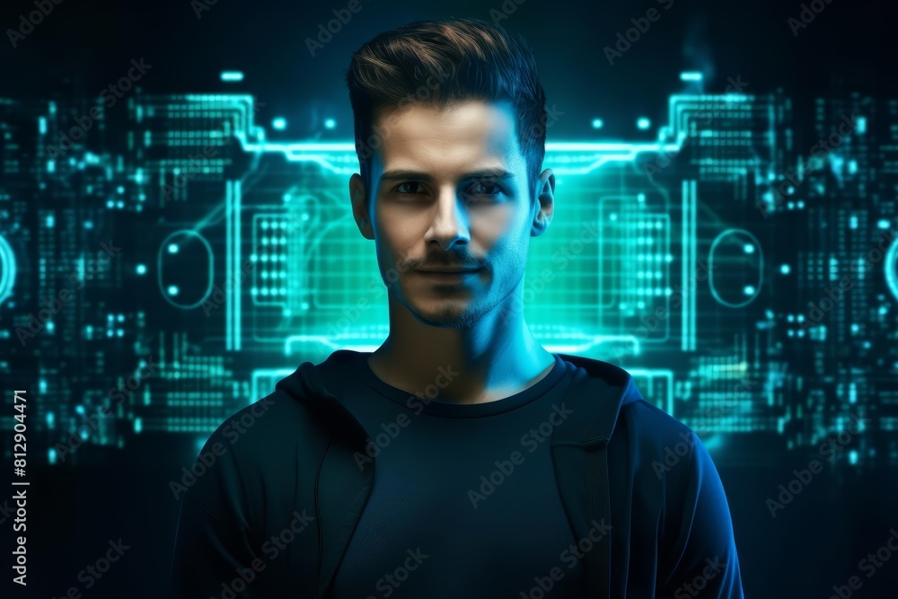 Portrait of a software engineer with Glow HUD big icon of code brackets, debugging a program on a futuristic interface, on bright solid background, in cyber color Portrait of a software engineer with Glow HUD big icon of code brackets, debugging a program on a futuristic interface, on bright solid background, in cyber color