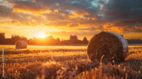 Hay bales on the field at sunset. Rural landscape with haystacks. photo