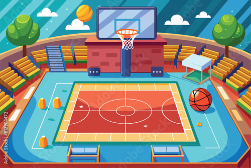 A basketball court featuring chairs and a basketball hoop for playing games and practicing shots, Basketball court Customizable Cartoon Illustration