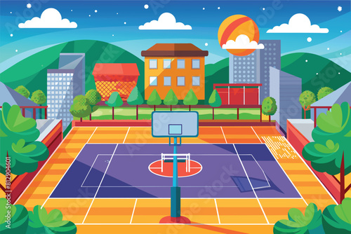 A basketball court featuring a hoop positioned in the center for gameplay, Basketball court Customizable Flat Illustration