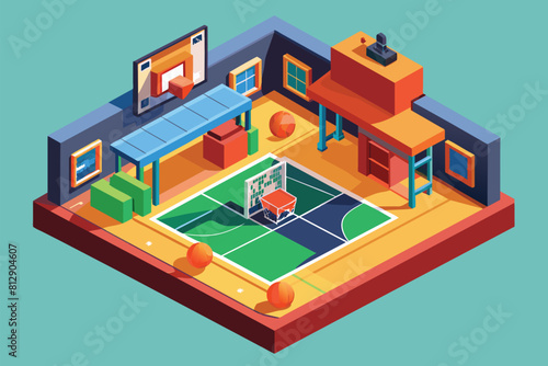 A customizable isometric illustration of a basketball court layout placed in the center of a room, Basketball court Customizable Isometric Illustration