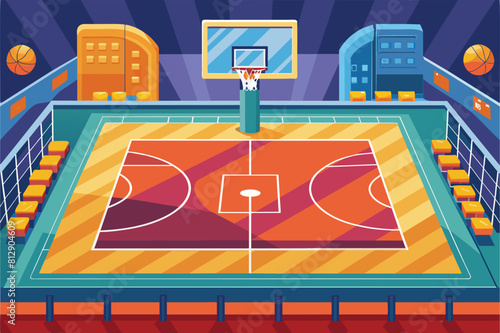 A basketball court with a centrally located basketball hoop under clear skies, Basketball court Customizable Semi Flat Illustration