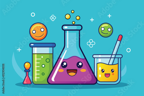 Three beakers, each containing liquid, in a customizable cartoon illustration, Beaker chemistry Customizable Cartoon Illustration