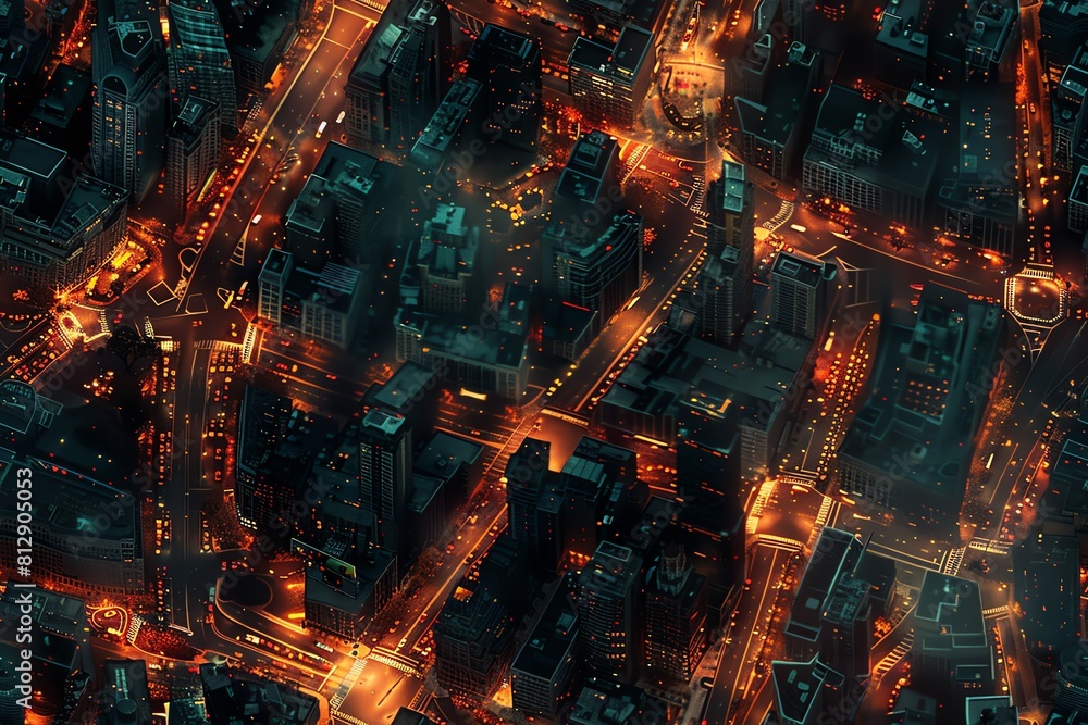 Craft a detailed aerial view of a NeoNoir city under a perpetual night sky Integrate elements of detective mysteries and dystopian visions with a focus on unexpected camera angles 
