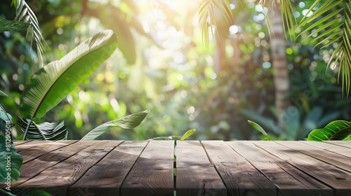 Wood tabletop podium floor in outdoors tropical garden forest blurred green leaf plant nature backgroundNatural product placement pedestal stand displayjungle paradise concept : Generative AI photo