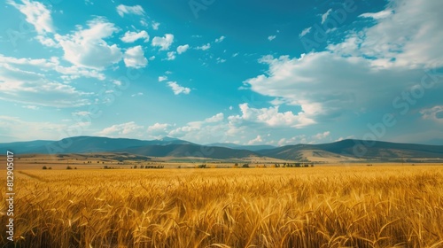 Wheat field and blue sky with clouds. Beautiful summer landscape.