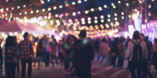 Vibrant Evening at Busy Outdoor Festival with Colorful Lights © smth.design