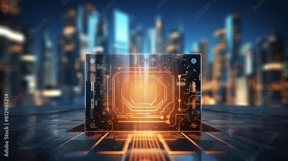 Show Glow HUD icon of a glowing computer chip, symbolizing advanced technology, with very blurry backdrop of a futuristic city Show Glow HUD icon of a glowing computer chip, symbolizing advanced technology, with very blurry backdrop of a futuristic city