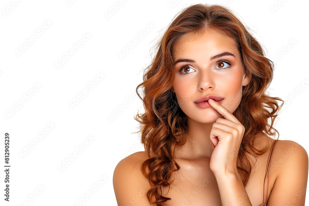 Portrait of nervous minded pretty lady biting finger nail look interested on transparent background Portrait of nervous minded pretty lady biting finger nail look interested on transparent background
