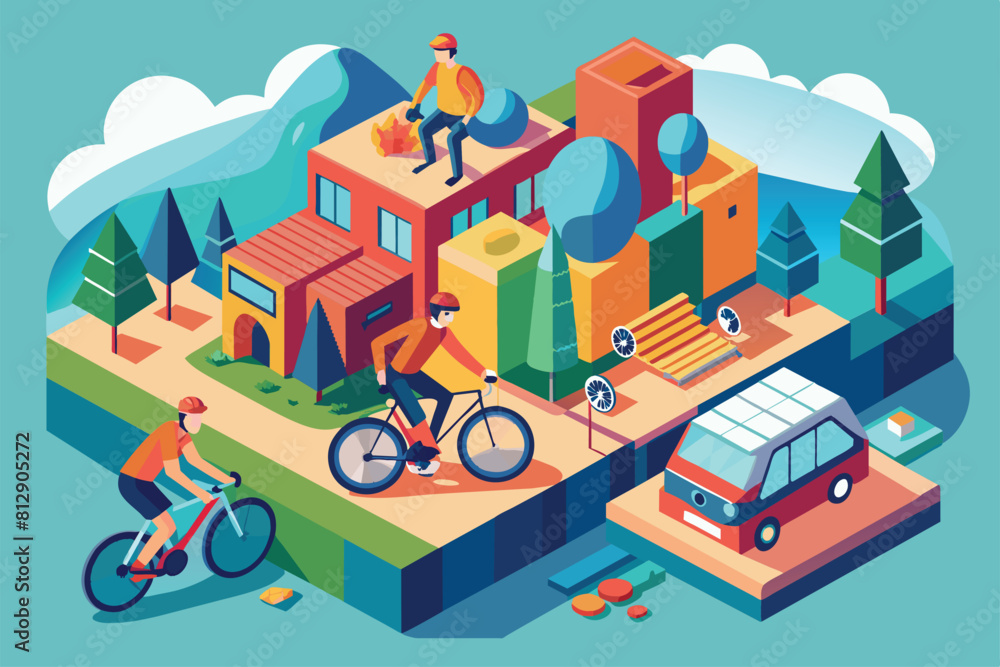 Fototapeta premium A man is cycling on top of a high building, Bike travellers Customizable Isometric Illustration