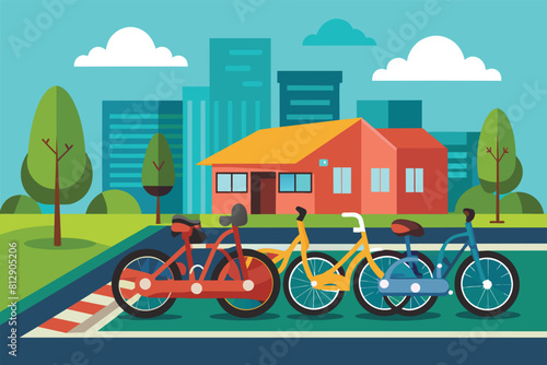 Three bicycles are parked neatly in front of a residential house, Bike parking Customizable Flat Illustration