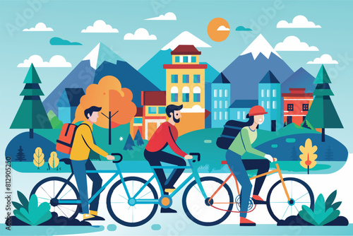 Couple enjoying a bike ride down a bustling city street, Bike travellers Customizable Flat Illustration