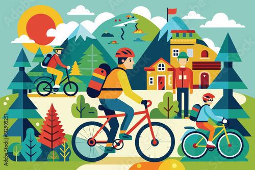 A man riding a bike down a street running parallel to a lush forest, Bike travellers Customizable Disproportionate Illustration