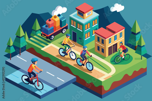 A group of people travelling on bikes down a road, Bike travellers Customizable Isometric Illustration